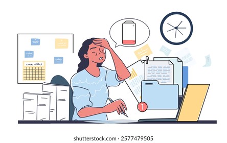 Illustration of a stressed woman at a desk with a low-battery icon, documents, a clock, and sticky notes around her. Represents exhaustion and work overload. Line art vector illustration