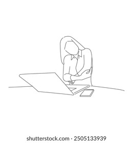 Illustration of stressed woman sitting at home office desk in front of laptop, touching aching elbow with pained. Continuous line drawing of female sitting to w with her computer tablet. Dynamic tech.