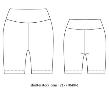 Illustration Of Stretch Bike Shorts, Front And Back View. Technical Drawing For Fashion Design