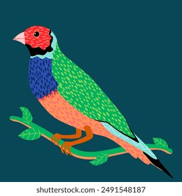 Ilustración de un pájaro pinzón de Gouldian multicolor estrictamente hermoso con un patrón de plumas detallado, encaramado en una rama frondosa contra un fondo oscuro. Ilustración vectorial dibujada a mano.