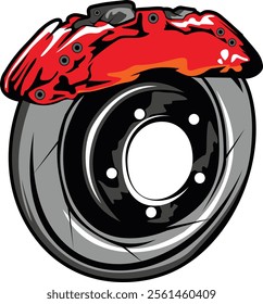 Illustration of a striking red brake caliper and disc, emphasizing modern design and performance. Perfect for automotive enthusiasts and those interested in mechanical art