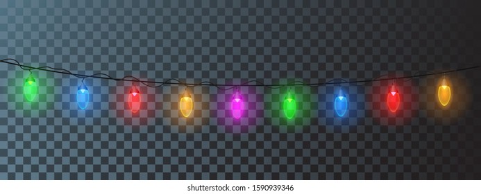 Illustration of a string of colorful holiday lights, Christmas lights isolated realistic design elements, glowing lights for greeting card design, bright garlands – for stock