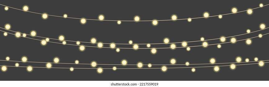 Illustration of a string of colorful holiday lights, Christmas lights isolated realistic design elements, glowing lights for greeting card design, bright garlands – for stock