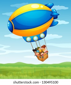 Illustration of a stripe airship carrying a group of kids