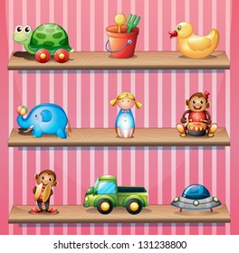 Illustration of a stripe wall with three wooden shelves
