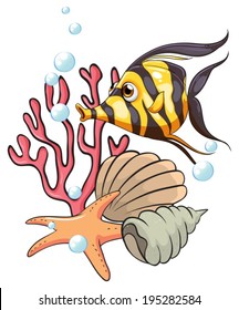 Illustration of a stripe-colored fish under the sea on a white background