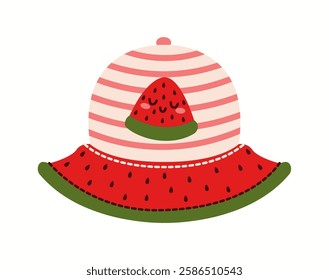 Illustration of a striped bucket hat designed to resemble a watermelon, complete with a juicy fruit motif and green details for a fun summer look.