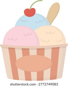 Illustration of striped cup with three scoops of pastel ice cream topped with red cherry and spoon. 