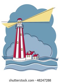 Illustration of a striped lighthouse.