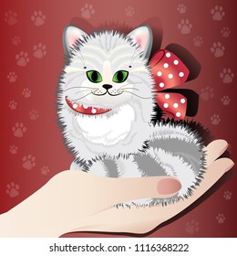 Illustration of striped little cat sitting on woman's open palm on red background with paw prints. Caring of pats concept