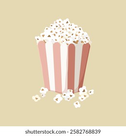 Illustration of a striped popcorn box filled with popcorn.  spills over the sides. box is p   acink and white.  scattered around. Aesthetic vector illustrati on.