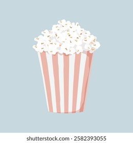 Illustration of a striped popcorn bucket filled with popcorn. Popcorn bucket with red and white stripes. Tasty popcorn in a classic container. Aesthetic vector illustration.