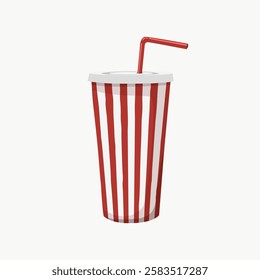 Illustration of a striped red and white cup with a straw. The cup is striped, featuring red and white colors. A straw complements the striped design. Aesthetic vector illustration.