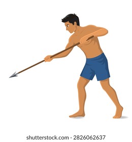 Illustration of a Strong Athletic Man Throwing a Spear, Ancient Warrior or Hunter in Dynamic Action Pose.