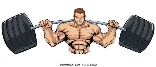 Illustration of strong bodybuilder doing squats with barbell on white background.