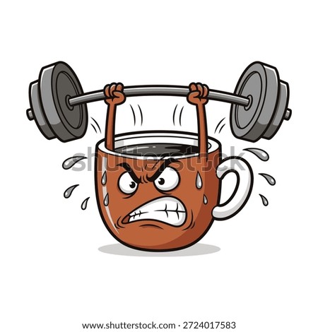 Illustration of strong coffee cup lifting heavy barbell in gym as metaphor for power, energy, and exercise. Perfect for print and sticker designs. Symbolizes caffeine and determination.