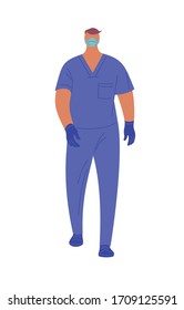 Illustration Of A Strong Confident Male Nurse Walking. Blue Medical Scrubs, Gloves And Face Mask. Isolated On White Background. Stock Vector Illustration.