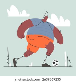 An illustration of a strong, determined man with prosthetic legs playing football in a park. He is dribbling the ball forward with determination, in an optimistic environment.