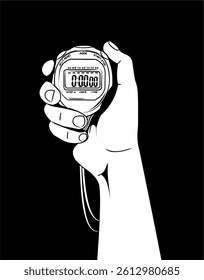 Illustration of a strong hand gripping a stopwatch. Symbolizing precision, discipline, and time control. Perfect for fitness, gym, or sports-related branding. Black and white.