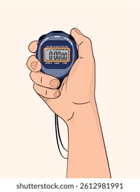 Illustration of a strong hand gripping a stopwatch. Symbolizing precision, discipline, and time control. Perfect for fitness, gym, or sports-related branding.