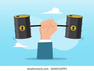 An illustration of a strong hand lifting a barbell with oil barrels as weights, symbolizing energy strength, oil dependency, economic power, or fossil fuel dominance