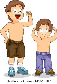 Illustration of Strong Little Boy Siblings with Arms Flexed