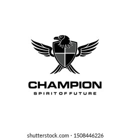 Illustration of a strong looking eagle bird holding a shield with two strong wings logo design
