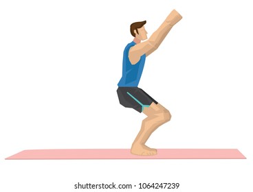Illustration of a strong man practicing yoga with a chair pose. Concept of yoga calmness, relaxation and wellness. Vector illustration.