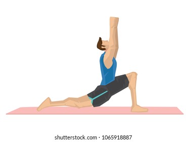 Illustration of a strong man practicing yoga with a cresent moon pose. Concept of yoga calmness, relaxation and wellness. Vector illustration.