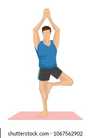 Illustration of a strong man practicing yoga with a tree pose. Concept of yoga calmness, relaxation and wellness. Vector illustration.