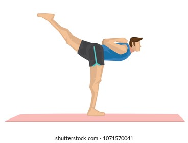 Illustration of a strong man practicing yoga with a unsupported swan pose. Concept of yoga calmness, relaxation and wellness. Vector illustration.