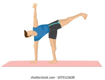 Illustration of a strong man practicing yoga with a half moon pose. Concept of yoga calmness, relaxation and wellness. Vector illustration.