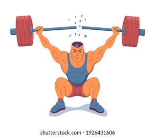 Illustration of a strong muscular weightlifter who lifting barbell. The bar of the barbell  breaks from a powerful effort. On white background