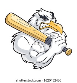 Illustration of a strong seagull with baseball bat on a white background