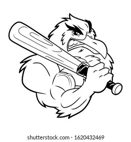 Illustration of a strong seagull with baseball bat. Black and white illustration