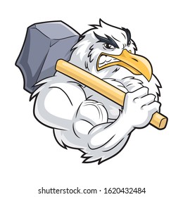 Illustration of a strong seagull with hammer on a white background