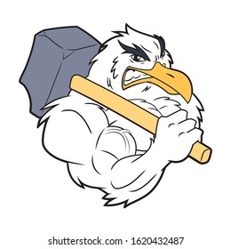 Illustration of a strong seagull with hammer on a white background