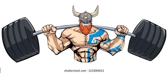 Illustration of strong Viking warrior doing squats with a barbell on white background.