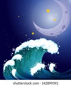 Illustration of a strong wave under the moon