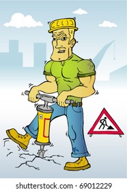 Illustration of strong worker with concrete drill.