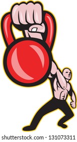 Illustration of a strongman fitness training lifting kettlebell or girya viewed from front on isolated background.