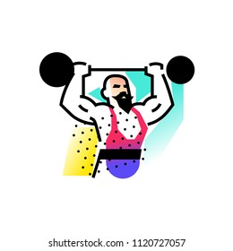 Illustration of the strongman, weightlifter, circus. Icon logo for circus or sports studio. An illustration for a site, a poster, a postcard. Image is isolated on white background. Vector illustration