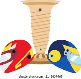 Illustration of the struggle of two drivers for the cup. Insulated red and blue helmets. Vector illustration
