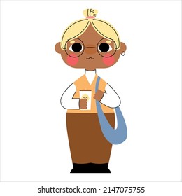 illustration of a student boy dressed in a school uniform holding coffee and a bag with his hand , glasses