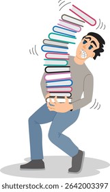Illustration of a student carrying a large number of books. The young man is trying to prepare for an exam. School days.
