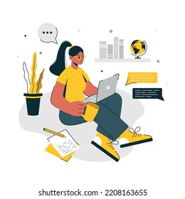 Illustration with a student character. Online Education work. Vector illustration with a girl. Flat style