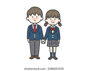 Illustration of a student couple (line drawing) holding hands and wearing blazers.