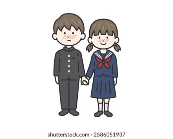 Illustration of a student couple (line drawing) holding hands and wearing school uniforms.