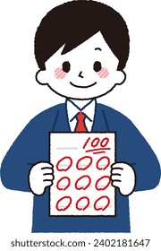 Illustration of a student getting a perfect score on a test.