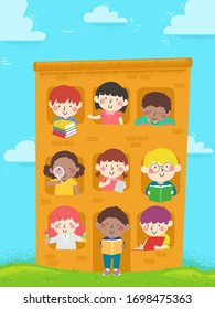 Illustration of Student Kids Learning and Reading Books in a School Building